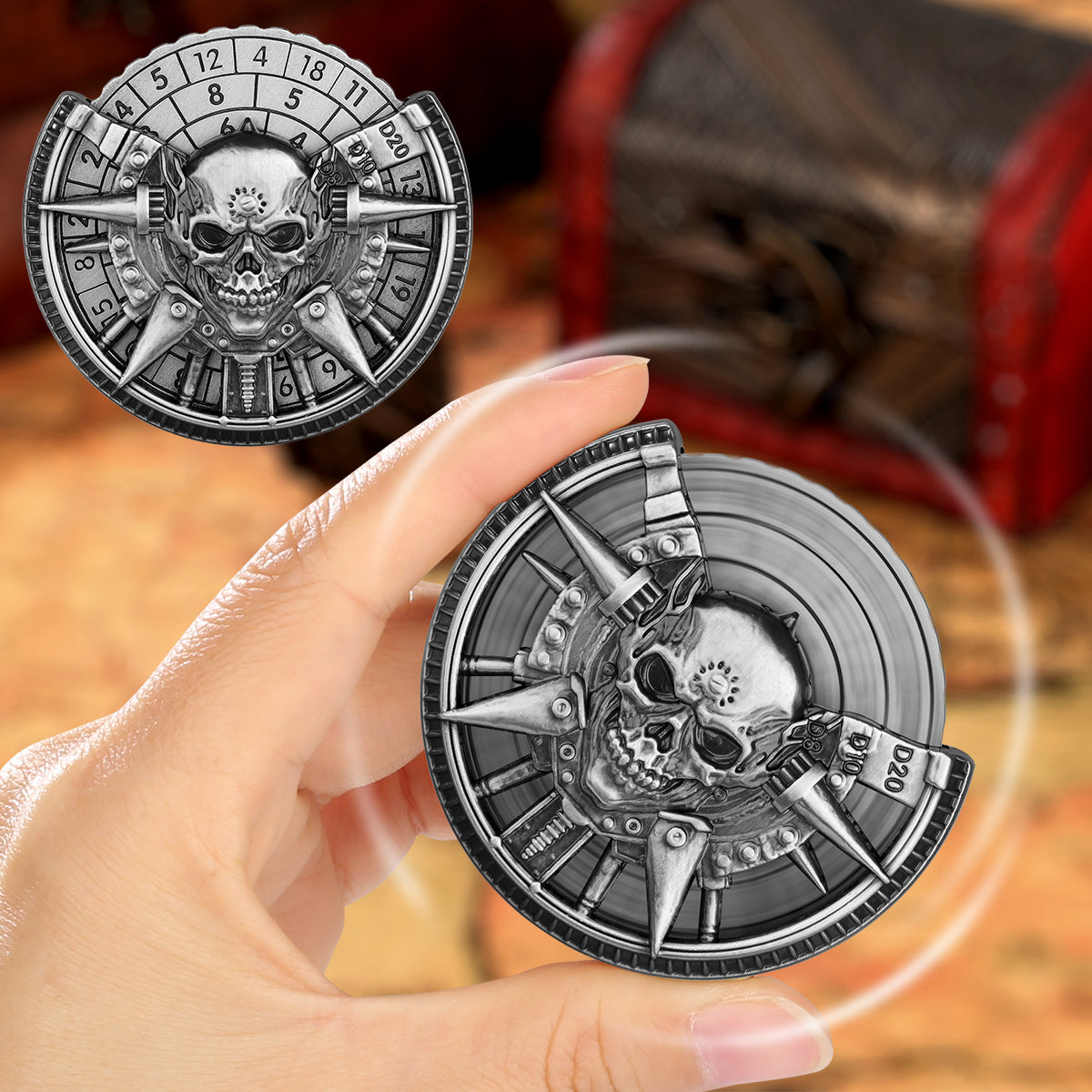 Private Model Skeleton Metal Wheel Dice Gift Box, Board Game Accessories Gothic Style D20, D10 Dice RPG Role-playing Game Dice Fingertip Retro Compass Desktop Role-playing Game Chip Gift