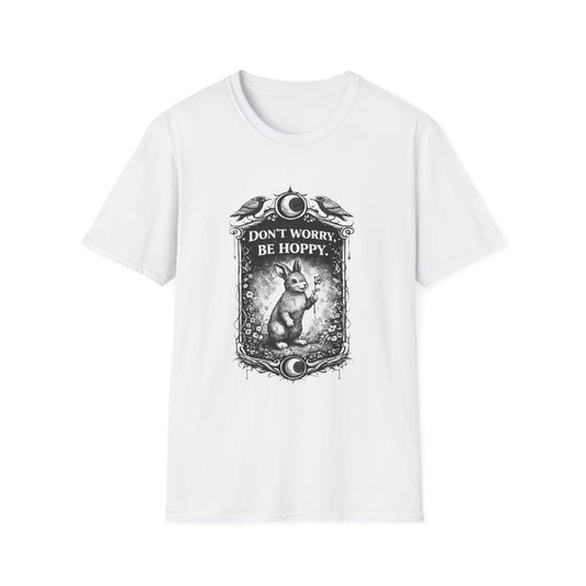 Bunny Graphic T-Shirt — "Don't Worry, Be Hoppy" Vintage Moon Design