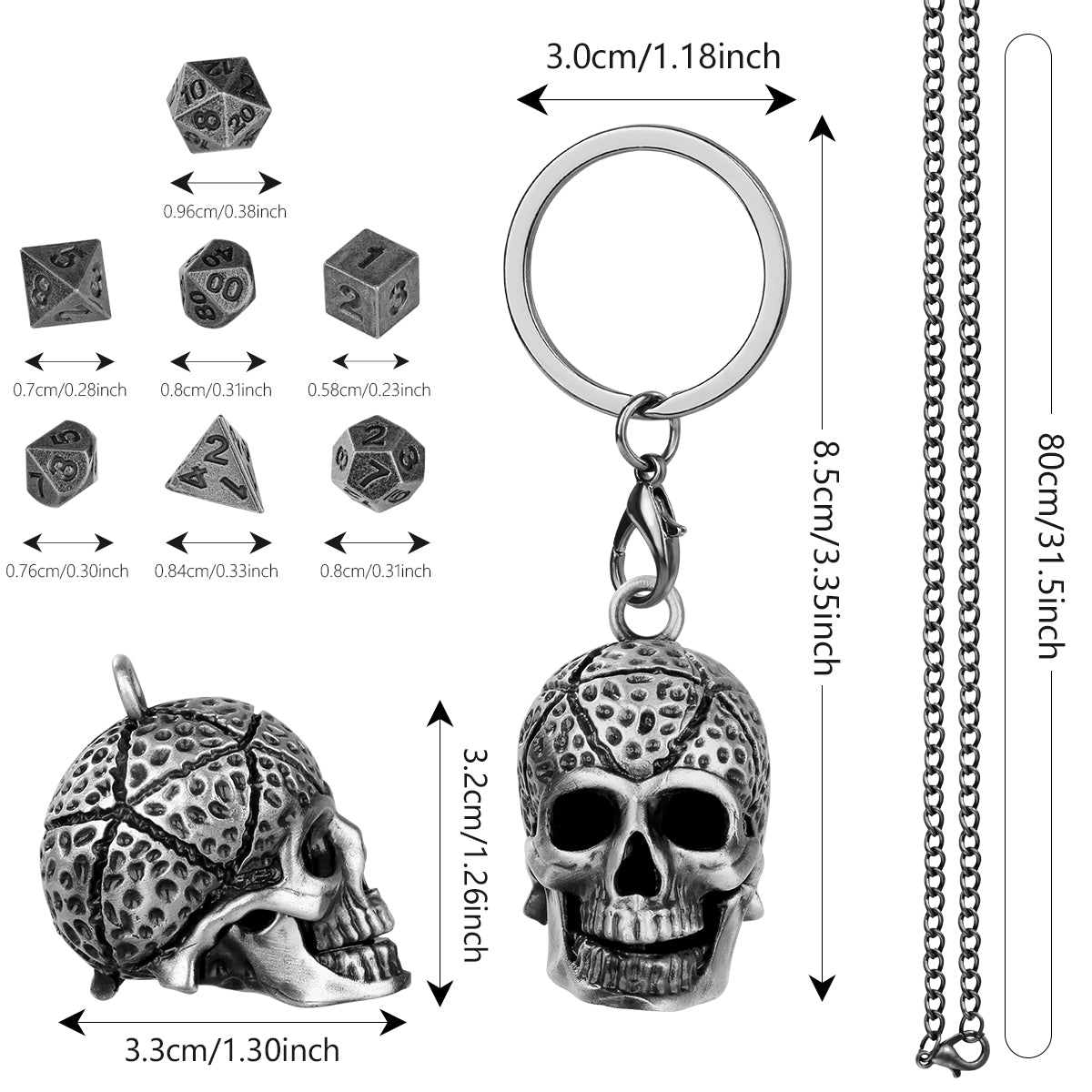 Skull Cage Pendant Necklace, Small Portable Metal Keychain, Mini 7-Piece Polyhedral Metal D&D Dice Set, Suitable For Parent Games, Toy Accessories, Gifts, Multiplayer Role Playing Board Games