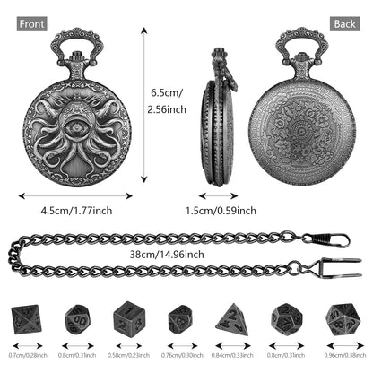 Steampunk Cyclops Octopus Pocket Watch Dice Set DND Game 7-Piece Set Dice Storage Box Retro Alloy Dice Full Set Portable Decorative Gift