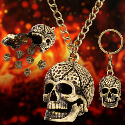 Skull Cage Pendant Necklace, Small Portable Metal Keychain, Mini 7-Piece Polyhedral Metal D&D Dice Set, Suitable For Parent Games, Toy Accessories, Gifts, Multiplayer Role Playing Board Games