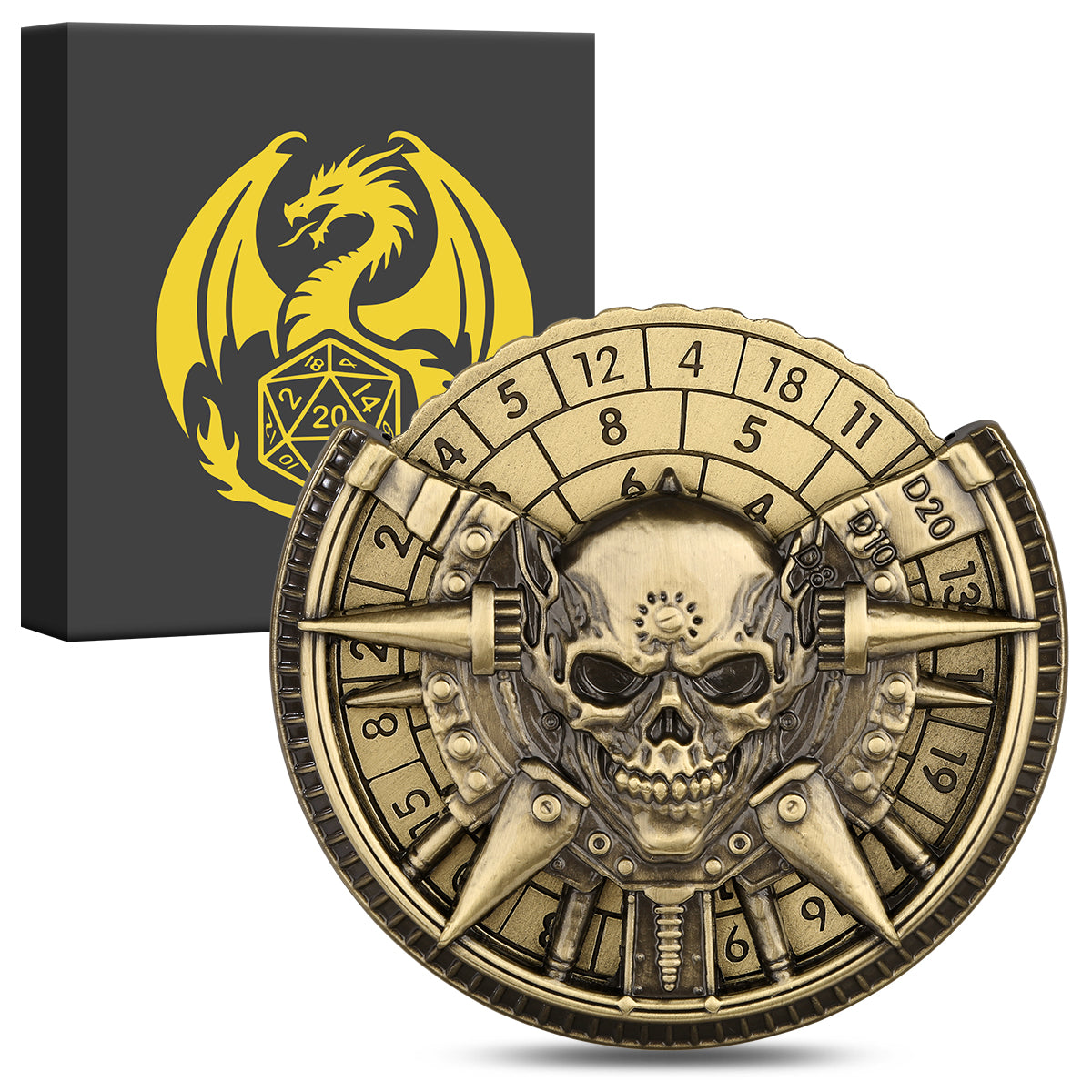 Private Model Skeleton Metal Wheel Dice Gift Box, Board Game Accessories Gothic Style D20, D10 Dice RPG Role-playing Game Dice Fingertip Retro Compass Desktop Role-playing Game Chip Gift