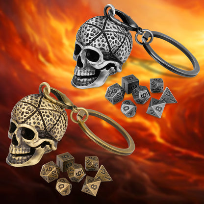 Skull Cage Pendant Necklace, Small Portable Metal Keychain, Mini 7-Piece Polyhedral Metal D&D Dice Set, Suitable For Parent Games, Toy Accessories, Gifts, Multiplayer Role Playing Board Games