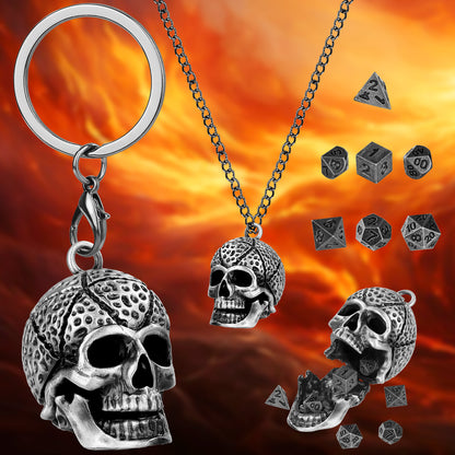 Skull Cage Pendant Necklace, Small Portable Metal Keychain, Mini 7-Piece Polyhedral Metal D&D Dice Set, Suitable For Parent Games, Toy Accessories, Gifts, Multiplayer Role Playing Board Games