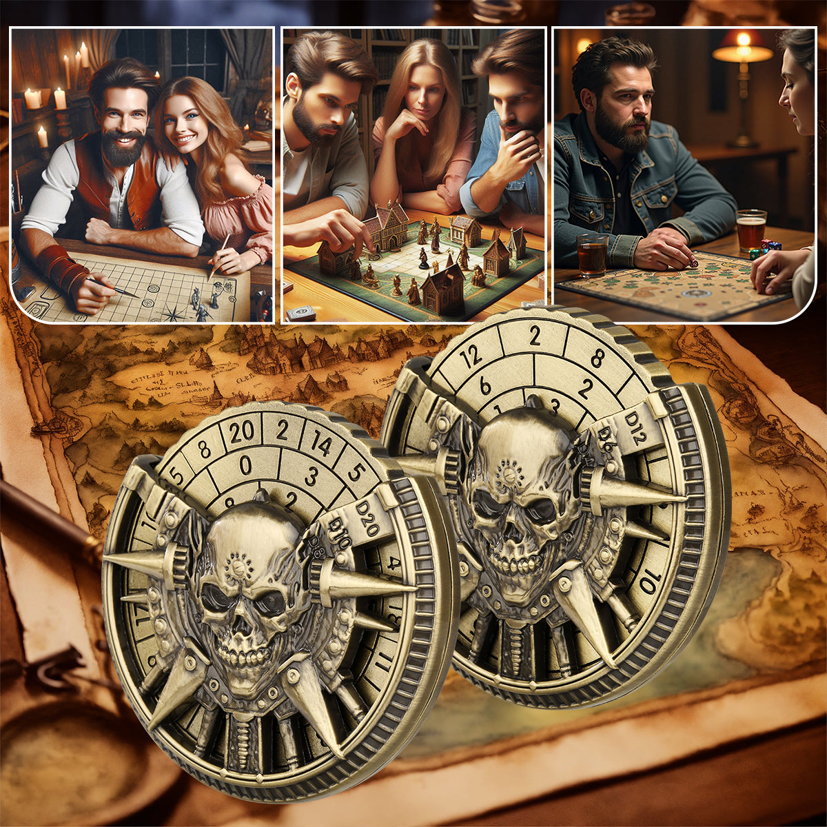 Private Model Skeleton Metal Wheel Dice Gift Box, Board Game Accessories Gothic Style D20, D10 Dice RPG Role-playing Game Dice Fingertip Retro Compass Desktop Role-playing Game Chip Gift