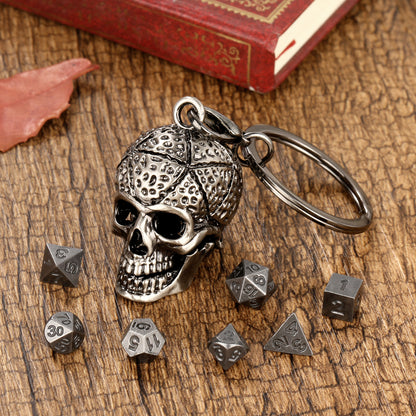 Skull Cage Pendant Necklace, Small Portable Metal Keychain, Mini 7-Piece Polyhedral Metal D&D Dice Set, Suitable For Parent Games, Toy Accessories, Gifts, Multiplayer Role Playing Board Games