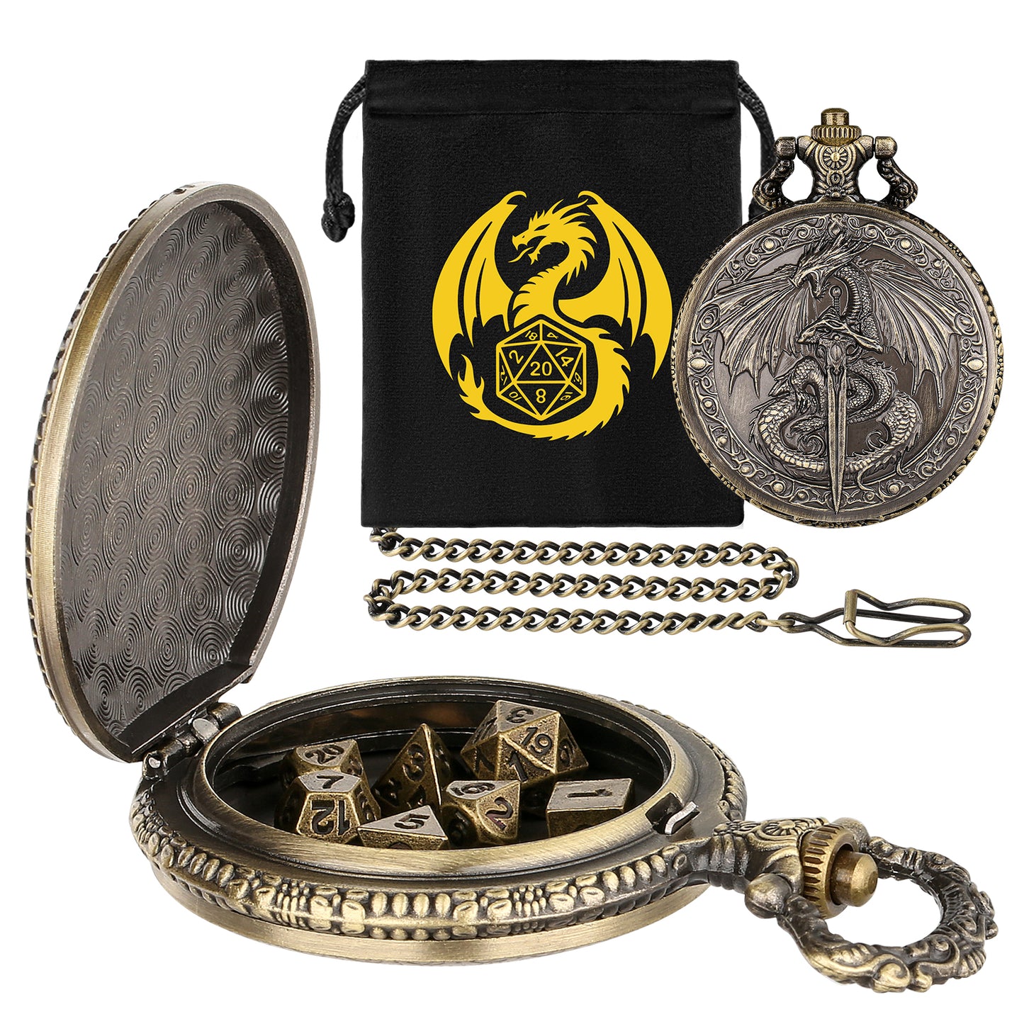 DND Style Dice Keeper.  Always manage to keep your dice on you with this handy pocket watch style dice case. Roll for initiative at any party with these micro dice.
