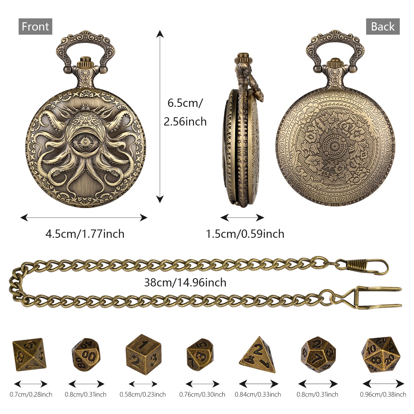 Steampunk Cyclops Octopus Pocket Watch Dice Set DND Game 7-Piece Set Dice Storage Box Retro Alloy Dice Full Set Portable Decorative Gift