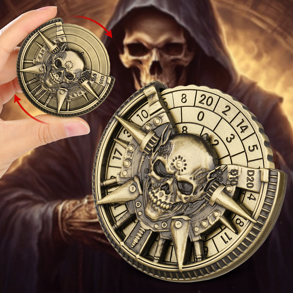 Private Model Skeleton Metal Wheel Dice Gift Box, Board Game Accessories Gothic Style D20, D10 Dice RPG Role-playing Game Dice Fingertip Retro Compass Desktop Role-playing Game Chip Gift